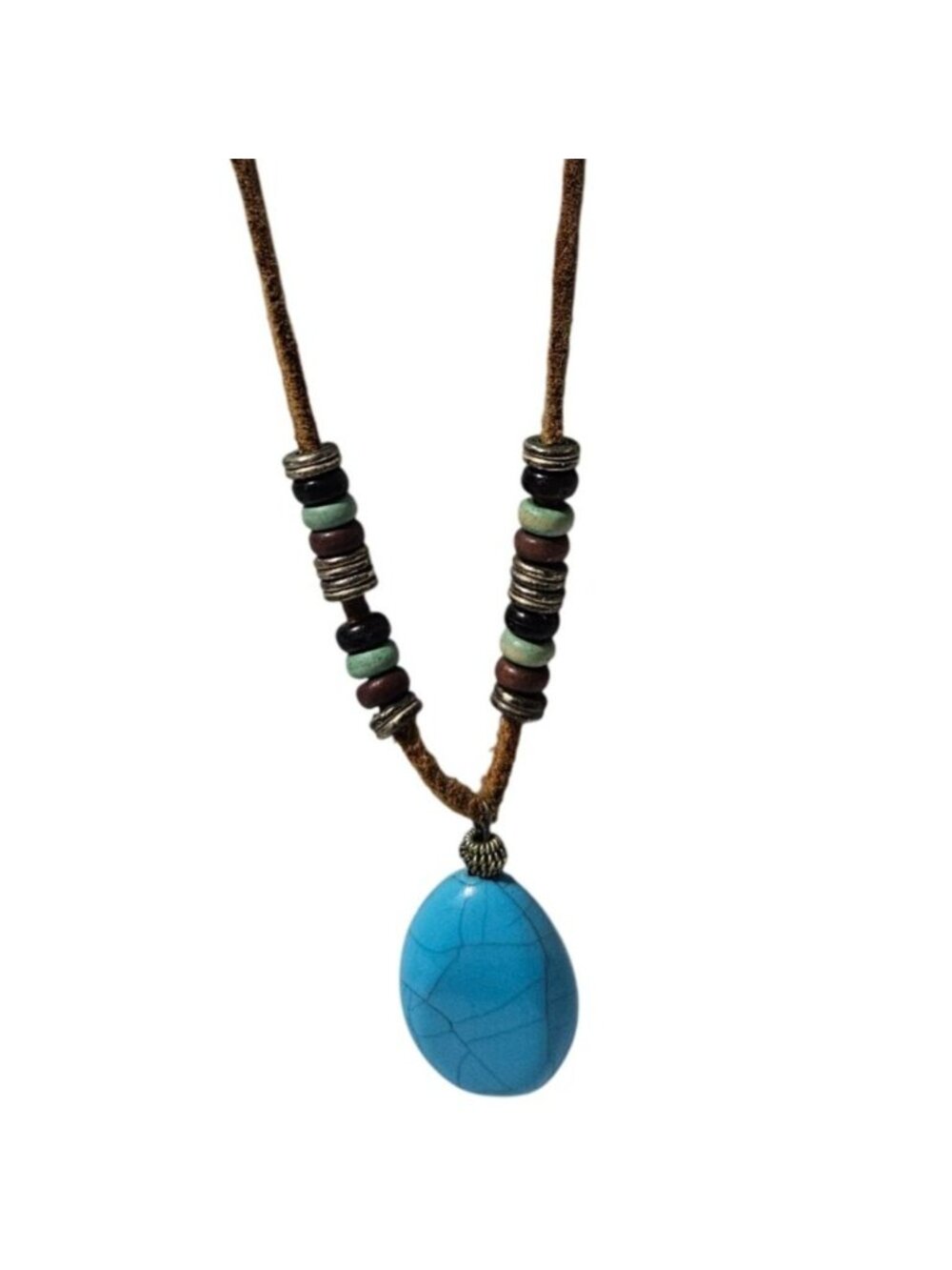 Southwest Pendant Necklace Faux Turquoise Brown Cord Boho Western Festival Women